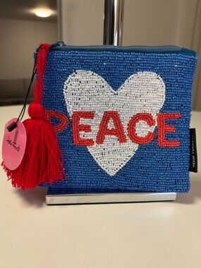 Helio Ferretti Beaded "PEACE" Heart Coin Pouch - Blue Red Tassel - NWT